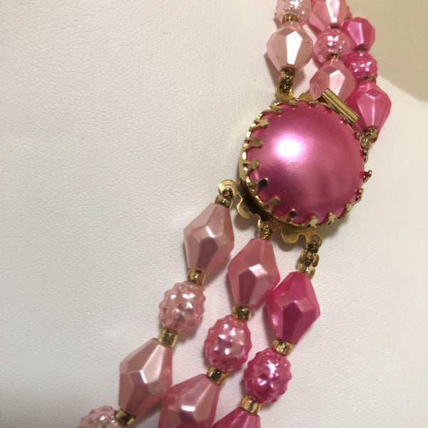 1960's Triple Strand Pink Beads Hong Kong-Vintageonline-Vintage Online