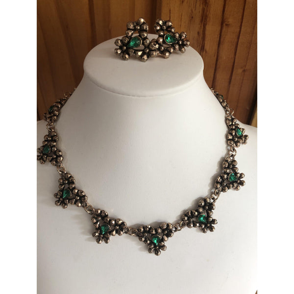 1970's Emerald Glass and Gold tone Necklace & Earrings-Vintageonline-Vintage Online