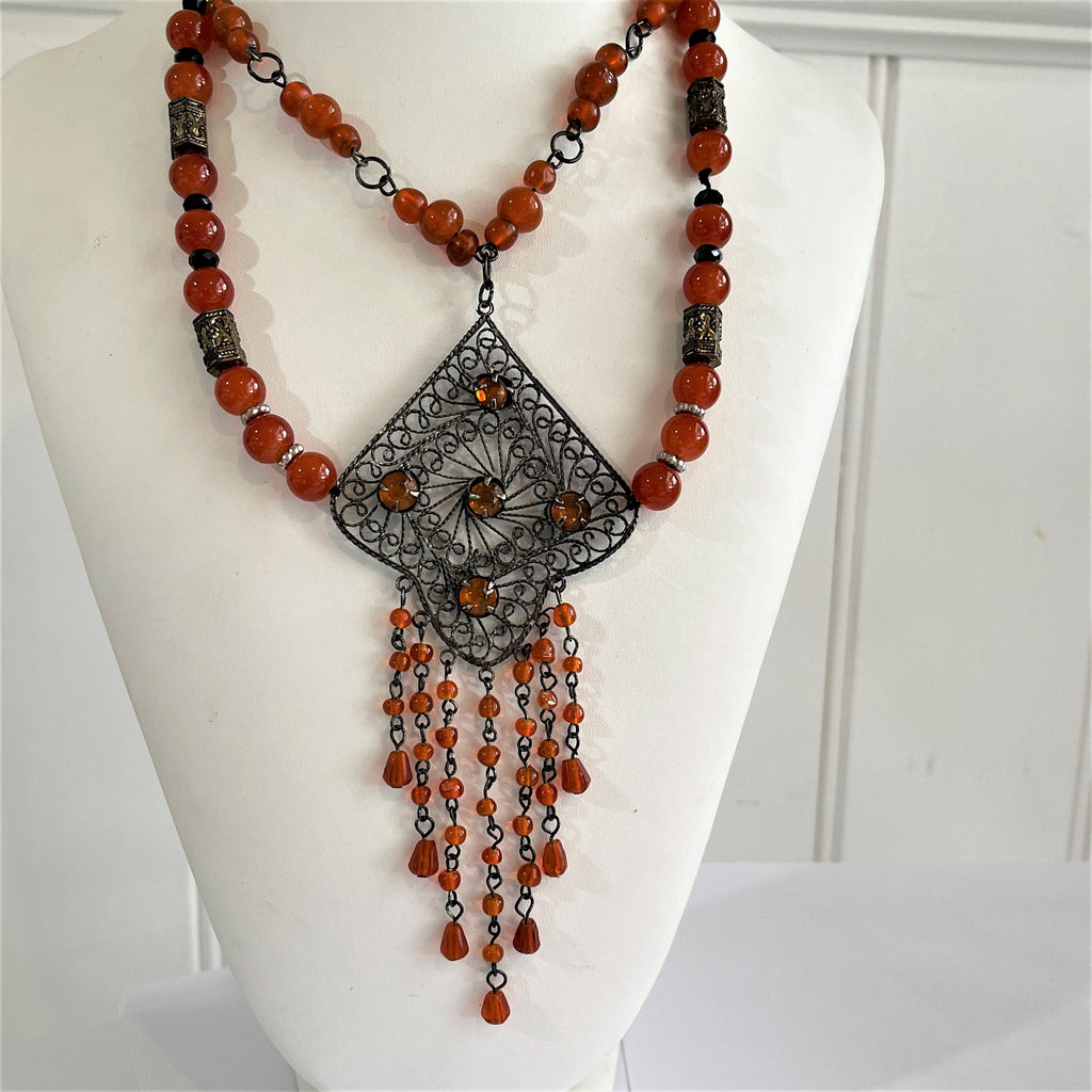Amber Glass Bead Filigree Pendant Festoon Necklace-Vintageonline-Vintage Online