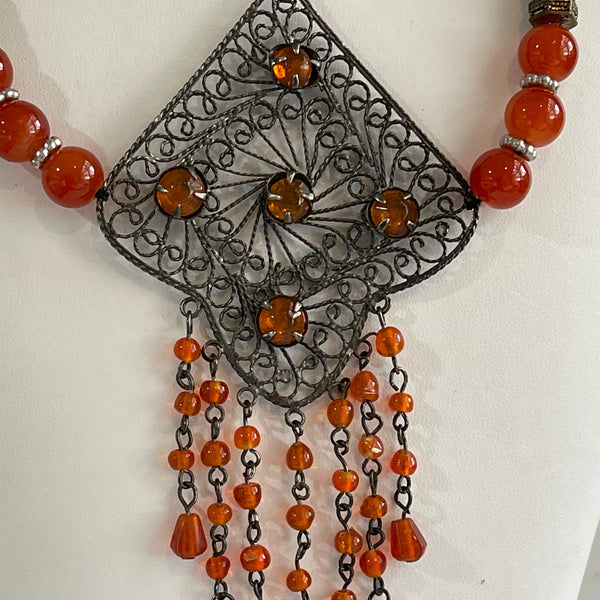 Amber Glass Bead Filigree Pendant Festoon Necklace-Vintageonline-Vintage Online