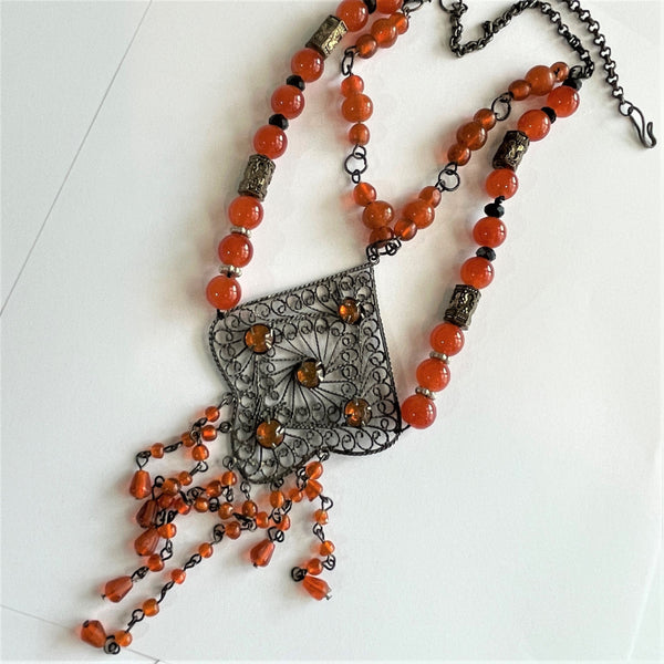 Amber Glass Bead Filigree Pendant Festoon Necklace-Vintageonline-Vintage Online