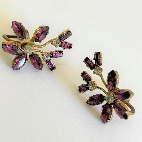 Amethyst & Crystal Clear Rhinestone 60's Earrings-Vintageonline-Vintage Online