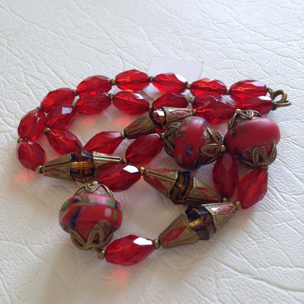 Vintage Online Jewellery | Art Deco Red Glass Czech Bead Necklace 1940's