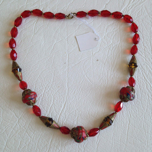 Vintage Online Jewellery | Art Deco Red Glass Czech Bead Necklace 1940's