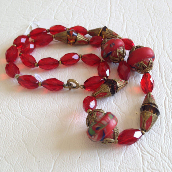 Vintage Online Jewellery | Art Deco Red Glass Czech Bead Necklace 1940's