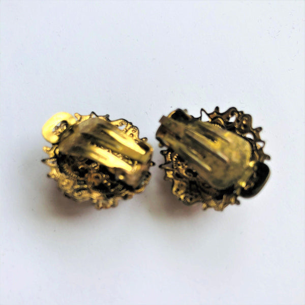 Aurora Borealis Golden Crystal Vintage Clip On Earrings-Vintageonline-Vintage Online