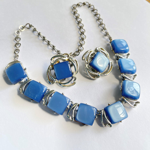 Blue Lucite Mid Century Necklace & Earrings-Vintageonline-Vintage Online