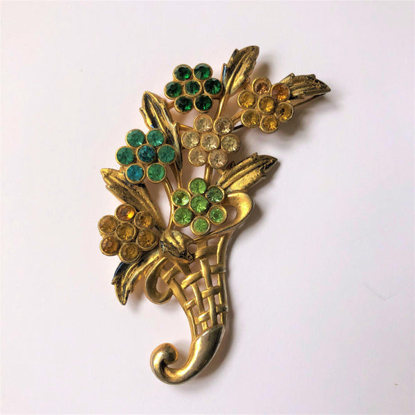 Cornucopia Basket of Floral Diamante Flowers Brooch-Vintage Online-Vintage Online