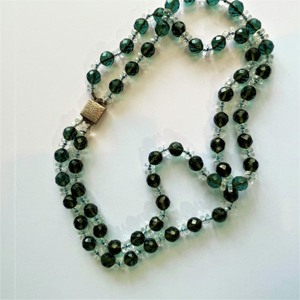 Double Strand Green & Clear Crystal Vintage Bead Necklace-Vintageonline-Vintage Online