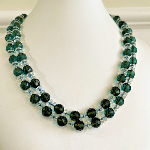 Double Strand Green & Clear Crystal Vintage Bead Necklace-Vintageonline-Vintage Online