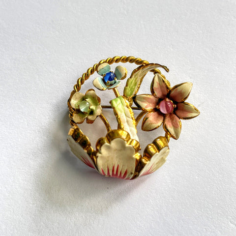 Enamelled Austrian Basket of Flowers 50's Brooch-Vintageonline-Vintage Online