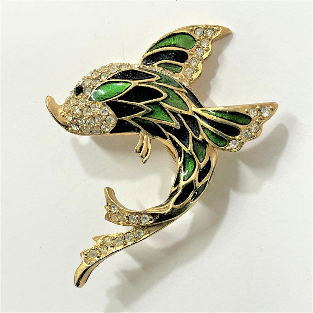 Enamelled Rhinestone Fish Brooch-Vintageonline-Vintage Online