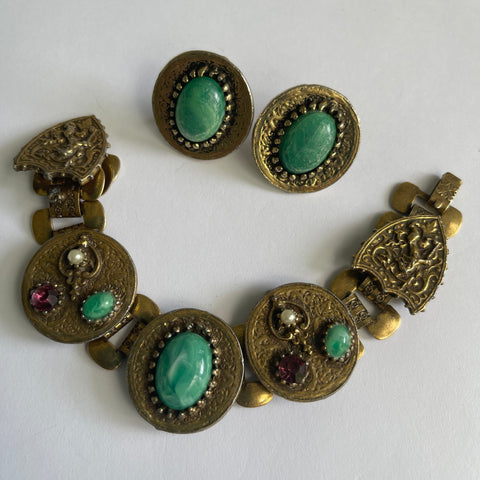 Etruscan Vintage Filigree Mid Century Panel Bracelet & Earrings Set-Vintageonline-Vintage Online