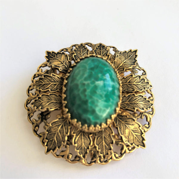 Filigree Leaf Antiqued Brooch Pendant With Amazonite Stone-Vintage Online-Vintage Online