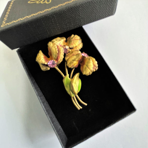 Floral Brooch With Pink Rhinestones-Vintageonline-Vintage Online