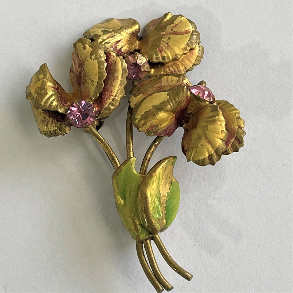 Floral Brooch With Pink Rhinestones-Vintageonline-Vintage Online