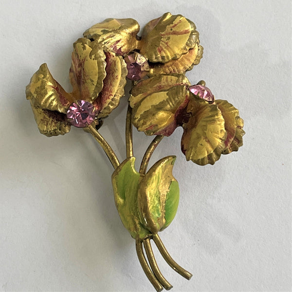 Floral Brooch With Pink Rhinestones-Vintageonline-Vintage Online