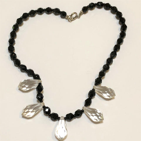 French Jet Glass & Crystal Drop Necklace  Vintageonline