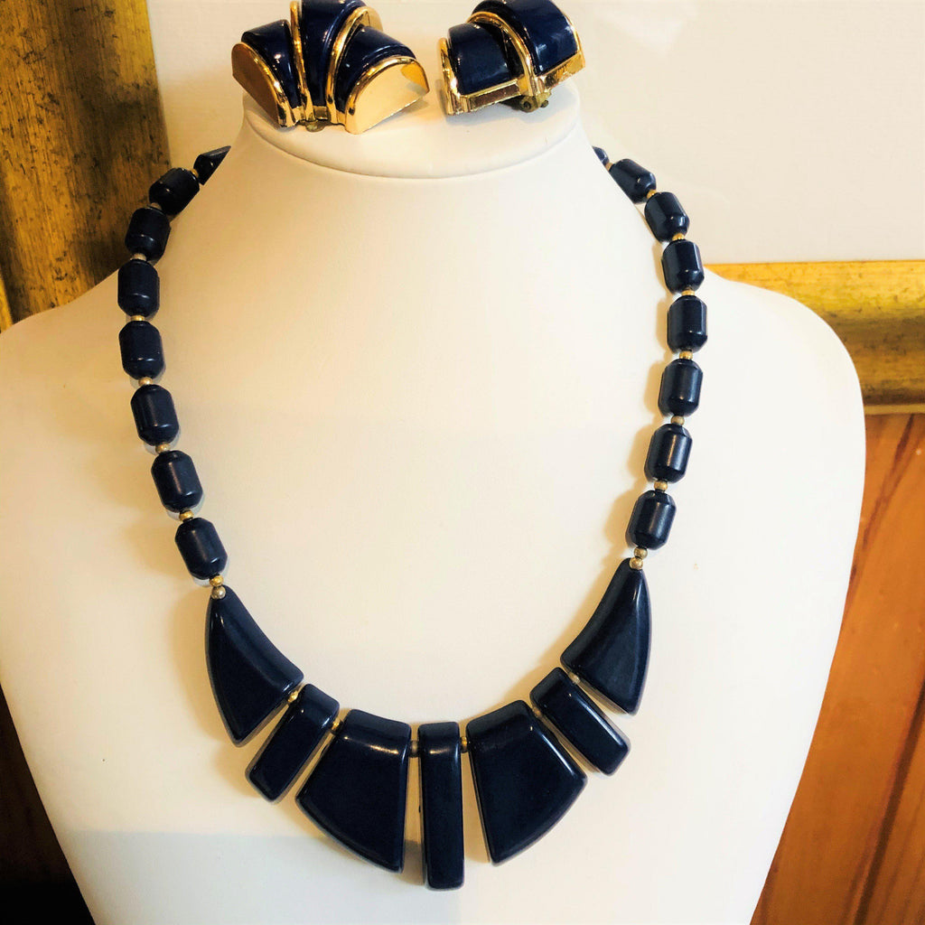 French Navy Vintage Mid Century Necklace & Earrings Vintageonline