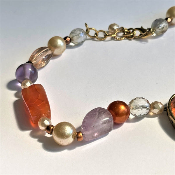 Gem Stone & Pear Bead Necklace With Intaglio-Susie M Australia-Vintage Online