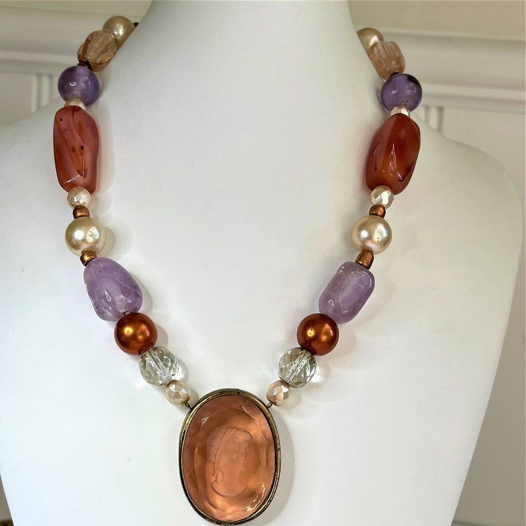 Gem Stone & Pear Bead Necklace With Intaglio-Susie M Australia-Vintage Online