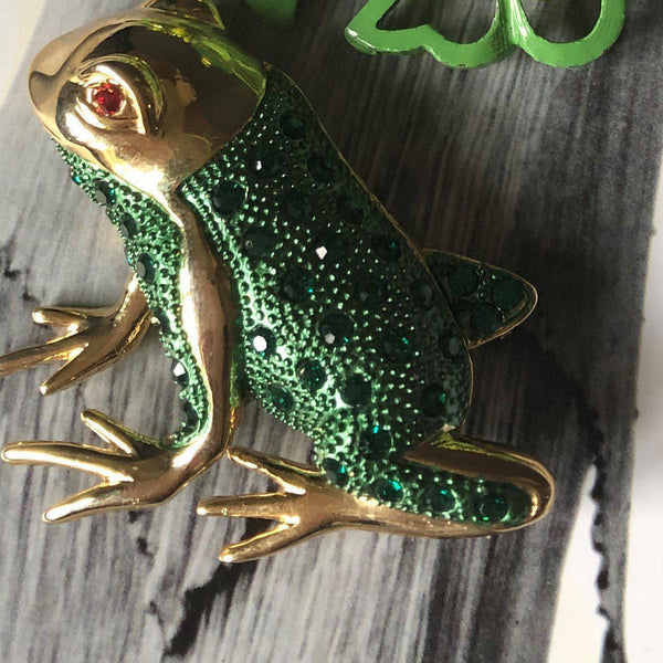 Green Diamante Frog Brooch Pin-Vintageonline-Vintage Online