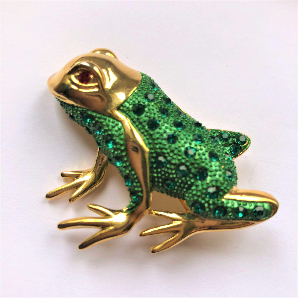 Green Diamante Frog Brooch Pin