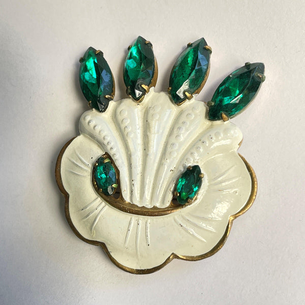 Green Emerald Glass & White Enamel Vintage Brooch-Vintageonline-Vintage Online