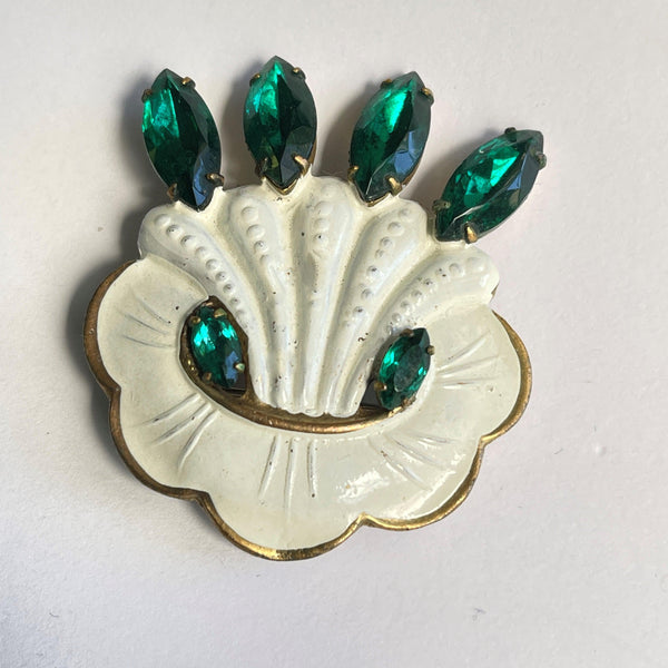 Green Emerald Glass & White Enamel Vintage Brooch-Vintageonline-Vintage Online