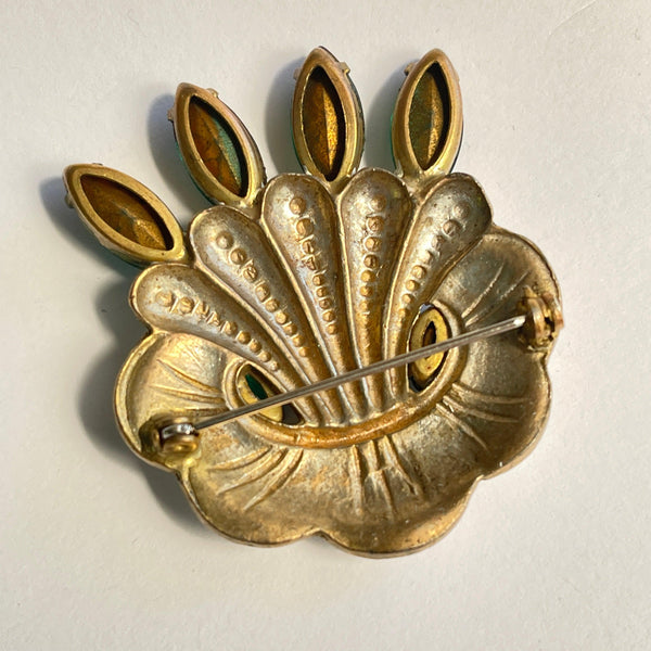 Green Emerald Glass & White Enamel Vintage Brooch-Vintageonline-Vintage Online