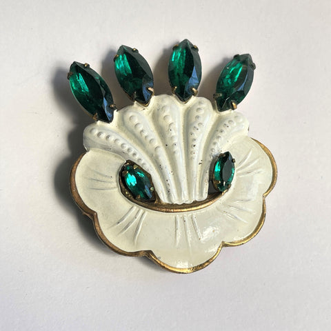 Green Emerald Glass & White Enamel Vintage Brooch-Vintageonline-Vintage Online