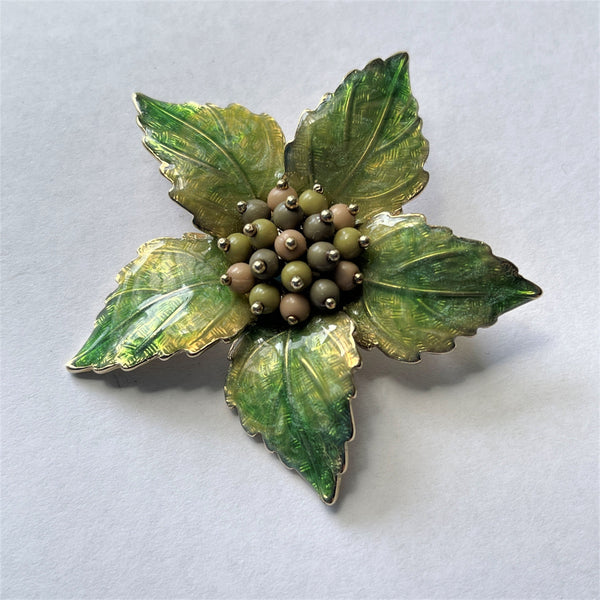 Green Enamelled Flower Head Brooch-Vintageonline-Vintage Online