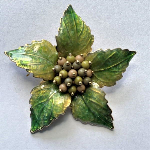 Green Enamelled Flower Head Brooch-Vintageonline-Vintage Online