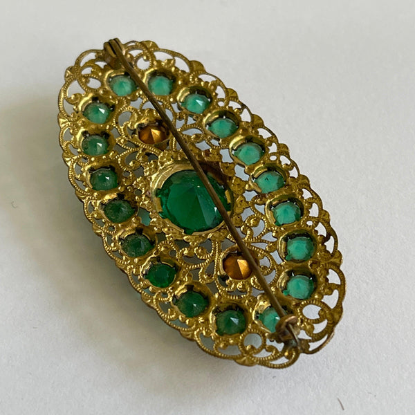 Green Glass Czech Filigree Brooch-Vintageonline-Vintage Online