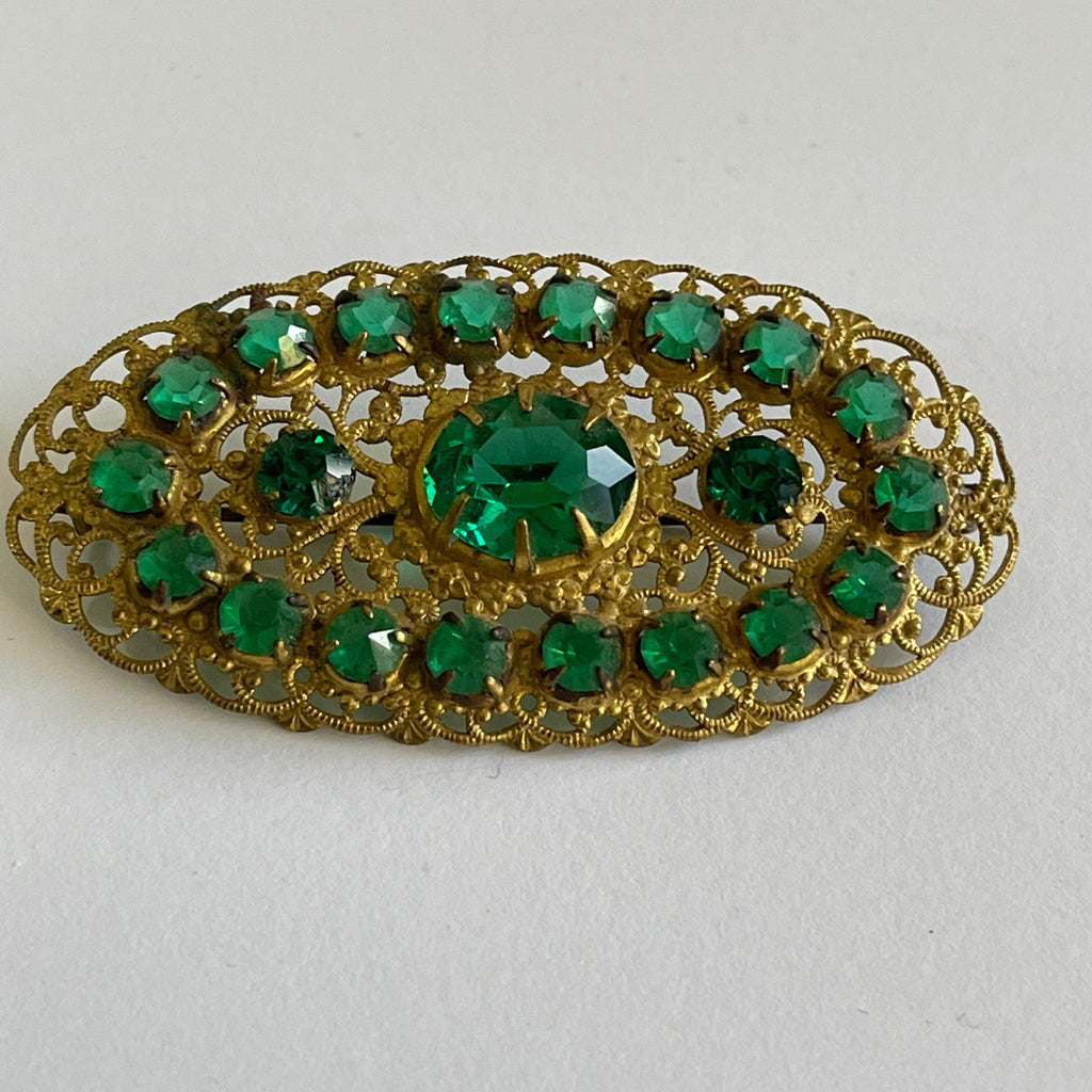 Green Glass Czech Filigree Brooch-Vintageonline-Vintage Online