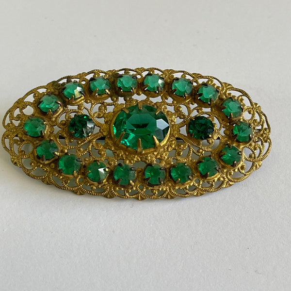 Green Glass Czech Filigree Brooch-Vintageonline-Vintage Online