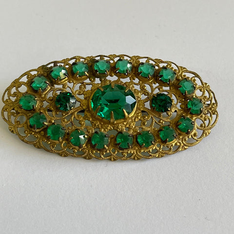 Green Glass Czech Filigree Brooch-Vintageonline-Vintage Online