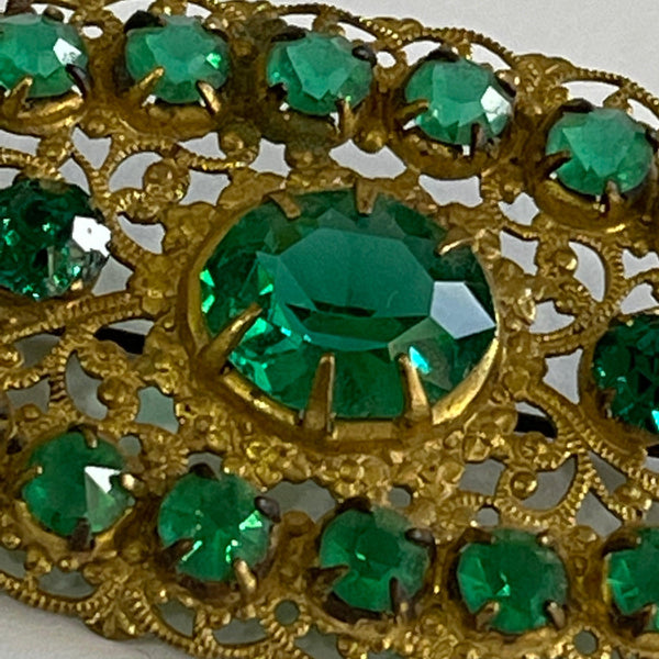 Green Glass Czech Filigree Brooch-Vintageonline-Vintage Online