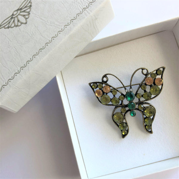 Green Rhinestone Butterfly Brooch Vintageonline