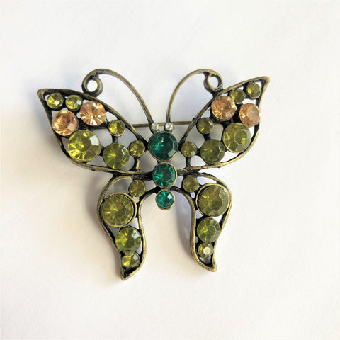 Green Rhinestone Butterfly Brooch-Vintageonline-Vintage Online