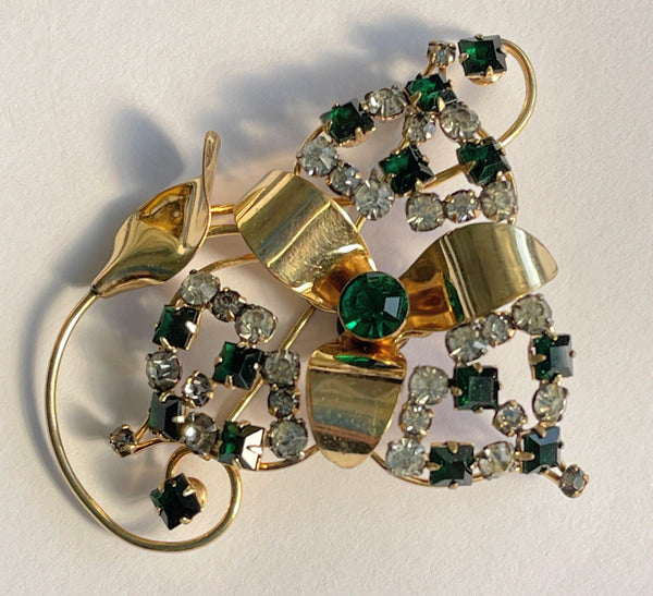 Harry Iskin USA 1940's Gold Filled Emerald Glass Rhinestone Brooch-Harry Iskin USA-Vintage Online