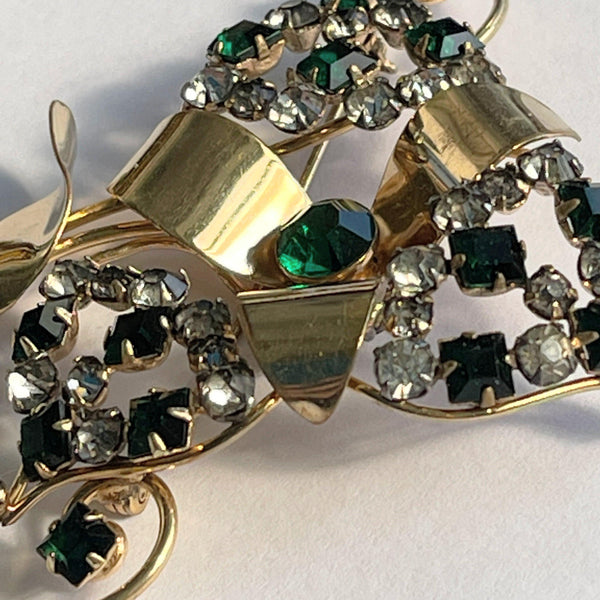 Harry Iskin USA 1940's Gold Filled Emerald Glass Rhinestone Brooch-Harry Iskin USA-Vintage Online