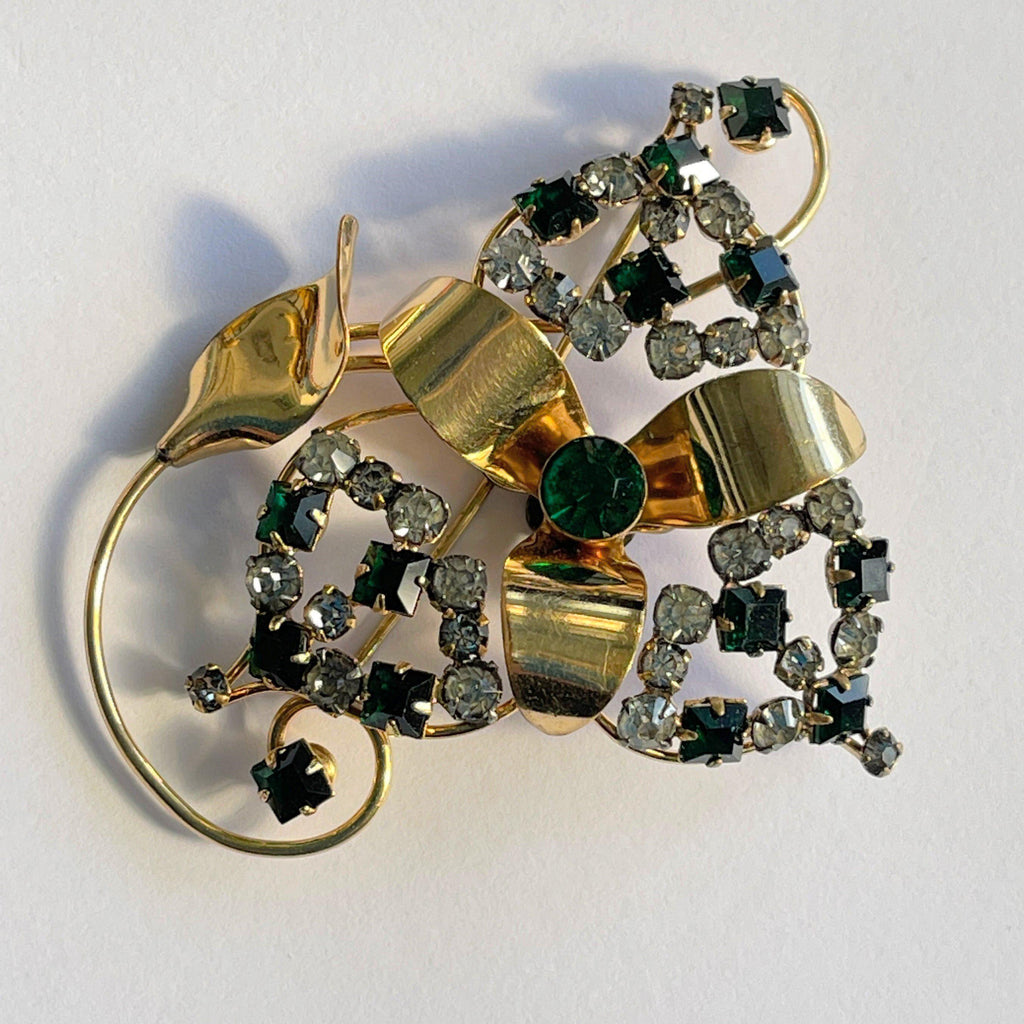 Harry Iskin USA 1940's Gold Filled Emerald Glass Rhinestone Brooch-Harry Iskin USA-Vintage Online