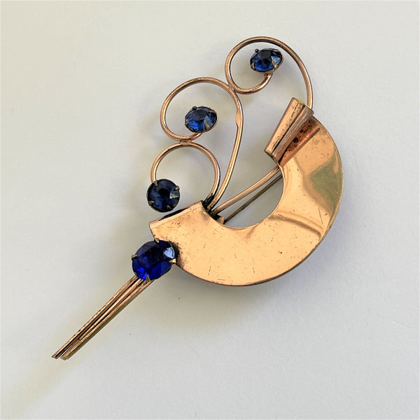 Large 1940's Vintage Retro Brooch With Sapphire Blue Rhinestone-Vintageonline-Vintage Online