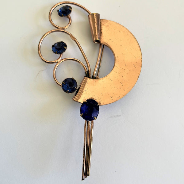 Large 1940's Vintage Retro Brooch With Sapphire Blue Rhinestone-Vintageonline-Vintage Online