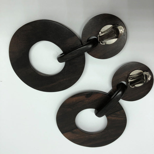 Large Laminated Wood Clip On Earrings-Vintageonline-Vintage Online