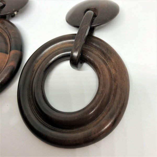 Large Laminated Wood Clip On Earrings-Vintageonline-Vintage Online