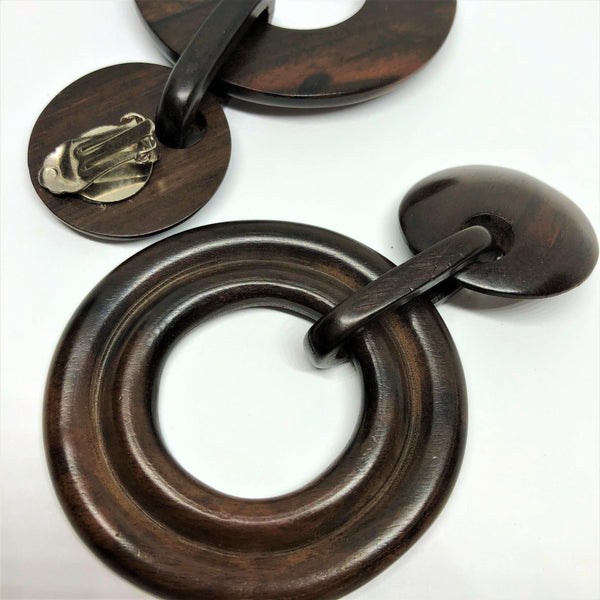 Large Laminated Wood Clip On Earrings-Vintageonline-Vintage Online