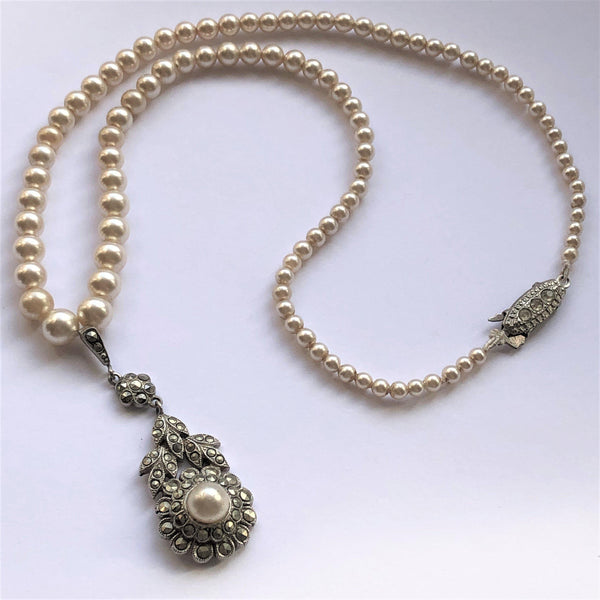 Marcasite & Pearl Vintage Necklace-Vintageonline-Vintage Online