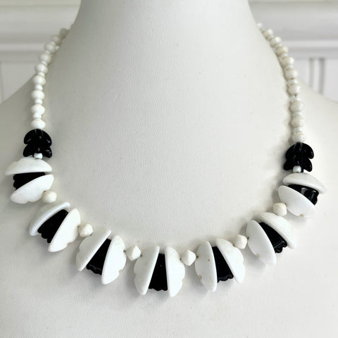 Mid Century Black & White Glass Bead Necklace-Vintageonline-Vintage Online